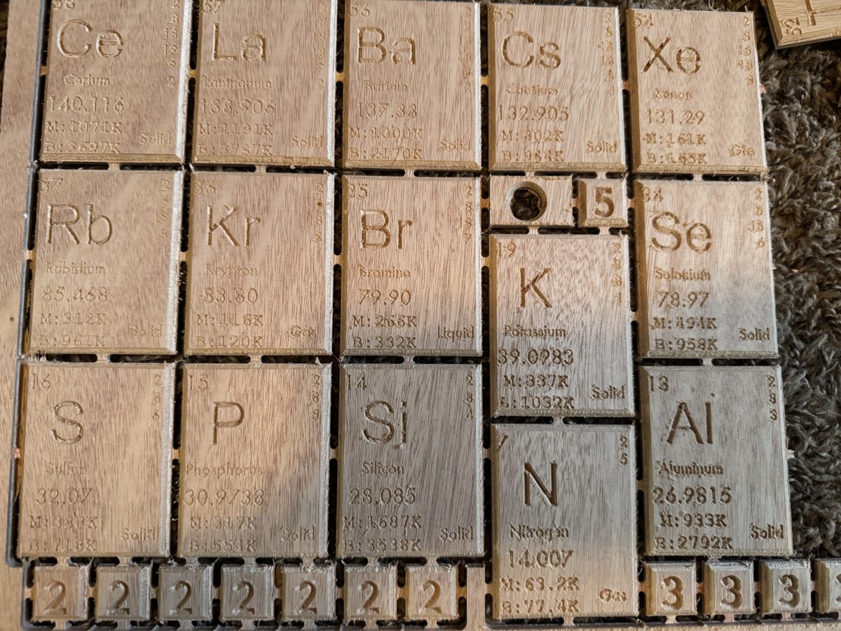 Periodic table elements CNC-engraved as wood tiles (rotated upright)