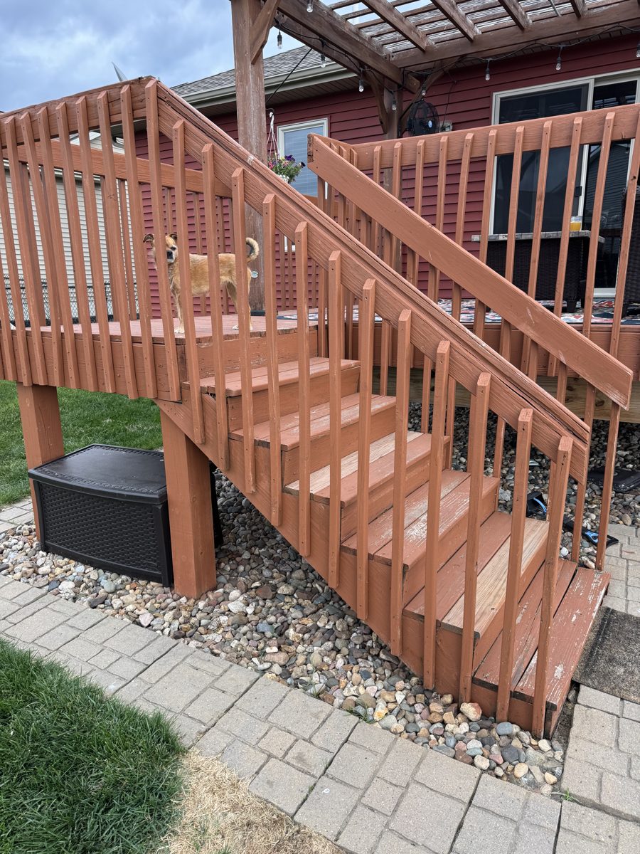 Deck stairs front view with pergola before rebuild