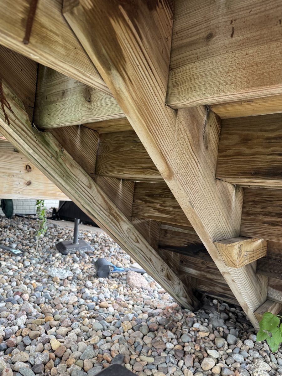 Underside framing and joists of the deck stairs