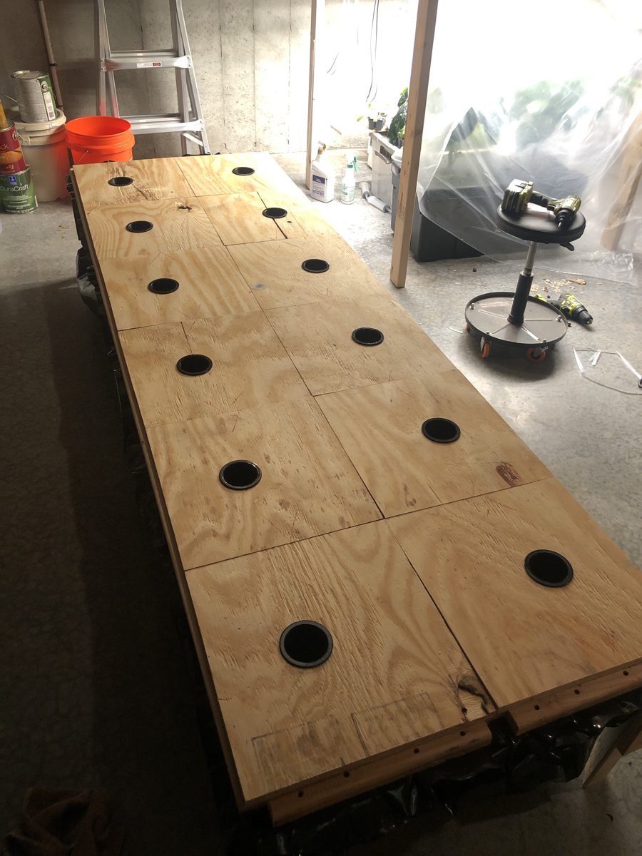 Square plywood lids covering the nutrient reservoir with net pots seated in the cutouts