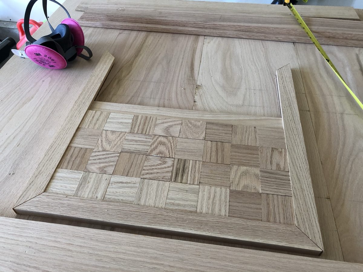 Oak chessboard with hand-fit squares before glue-up