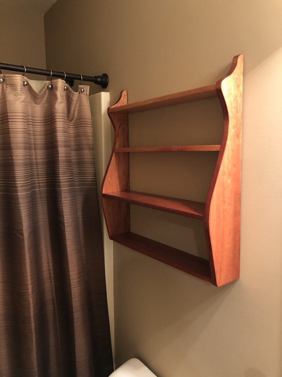 Finished whale-tail bathroom accent shelf, ready to mount