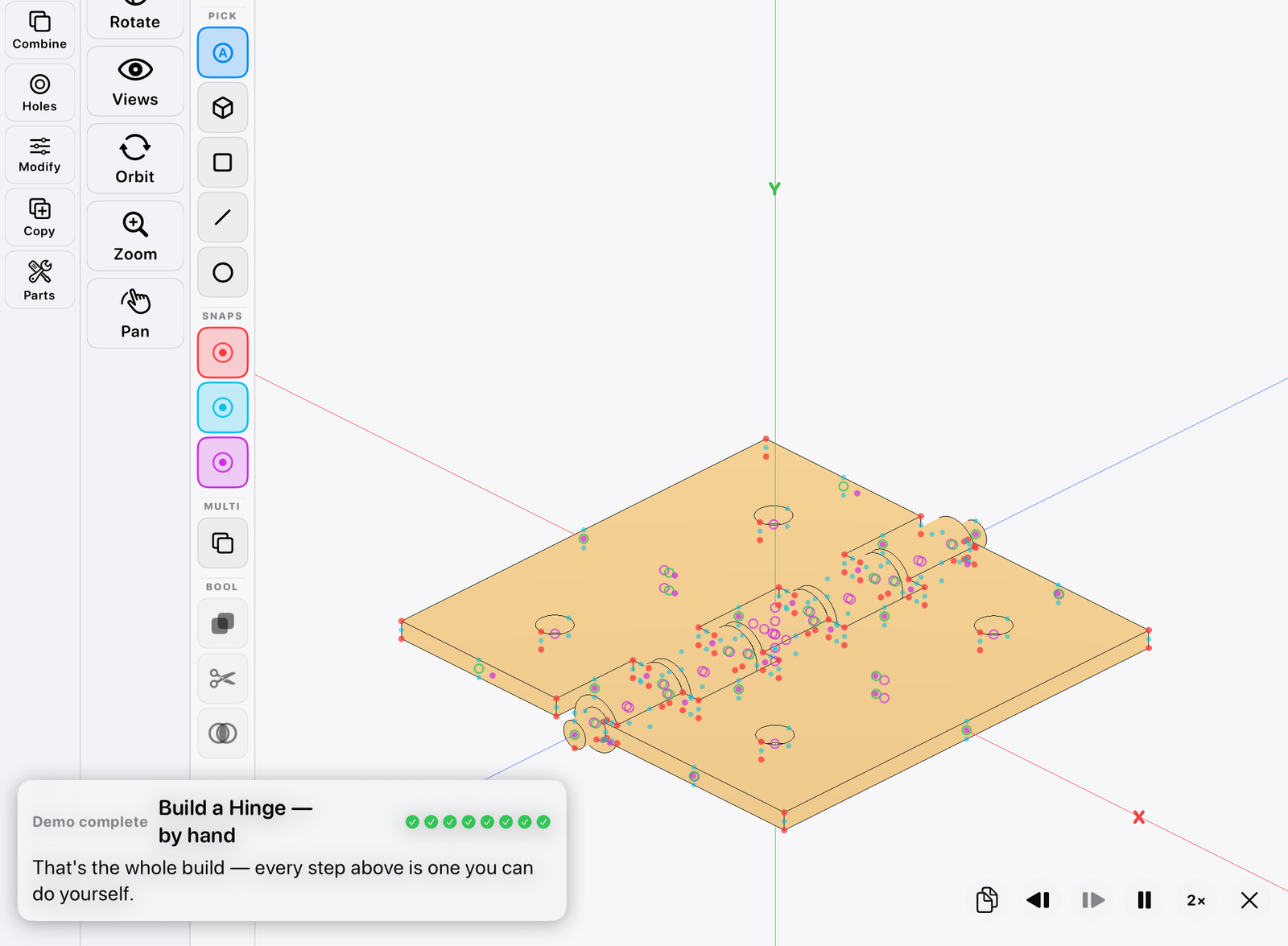 The hinge demo finishing its build, with the narration card and transport controls