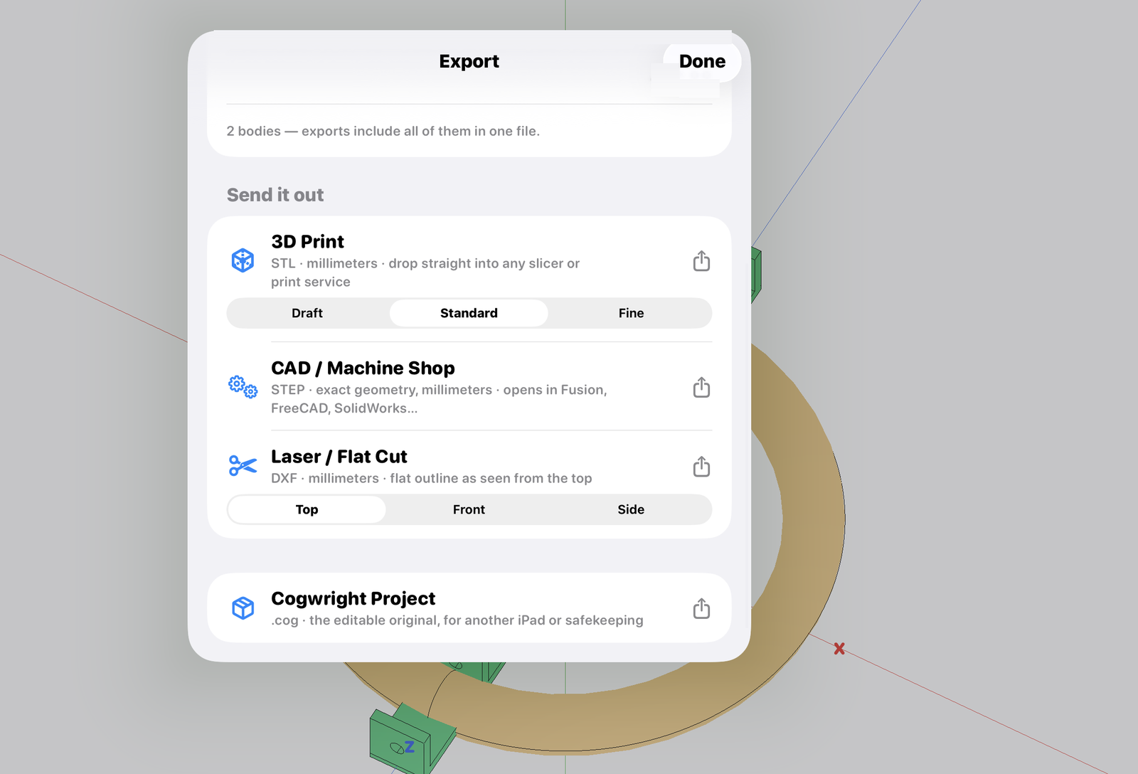 The export sheet — 3D print, CAD/machine shop, laser/flat cut, and project file