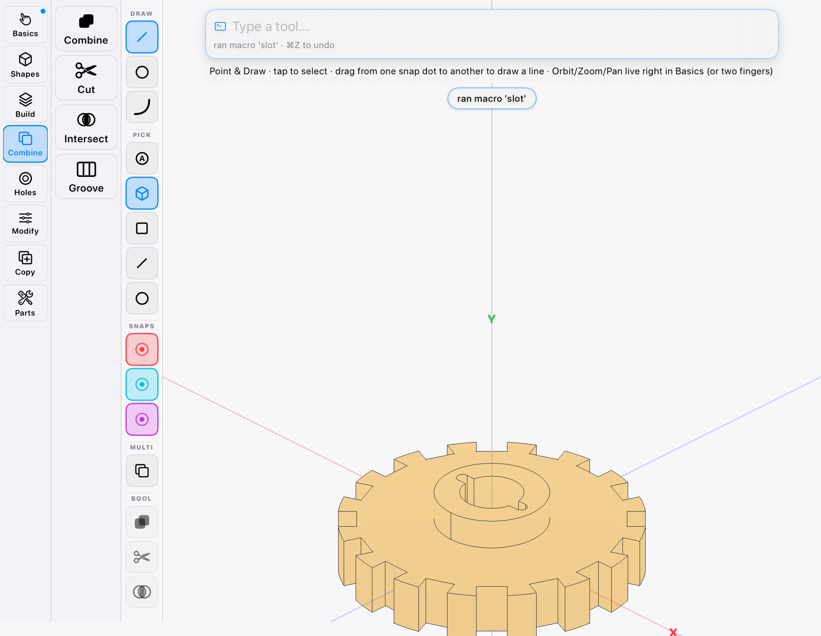 The Cogwright working UI — tool palette, typed command bar, and a gear on the canvas